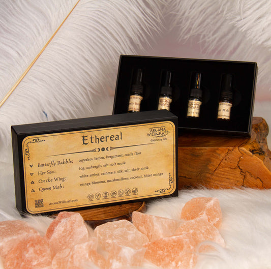 An ethereal discovery set by arcana wildcraft containing 2 ml atomizers of butterfly rabble, her sea, on the wing, and queen mab