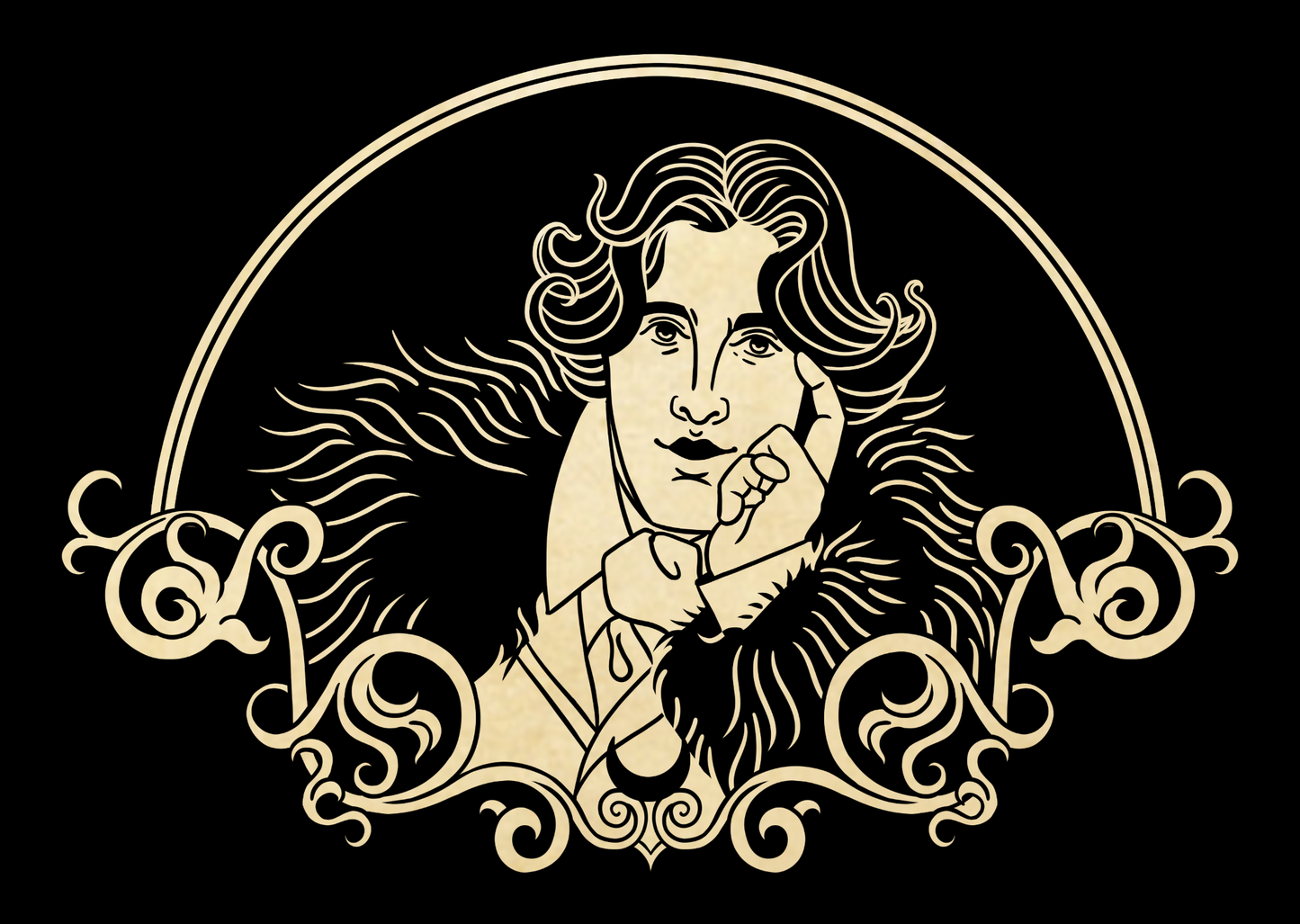 Decorative illustration of Oscar Wilde for Arcana Wildcraft with waving hair, framed by ornate gold designs on a black background.