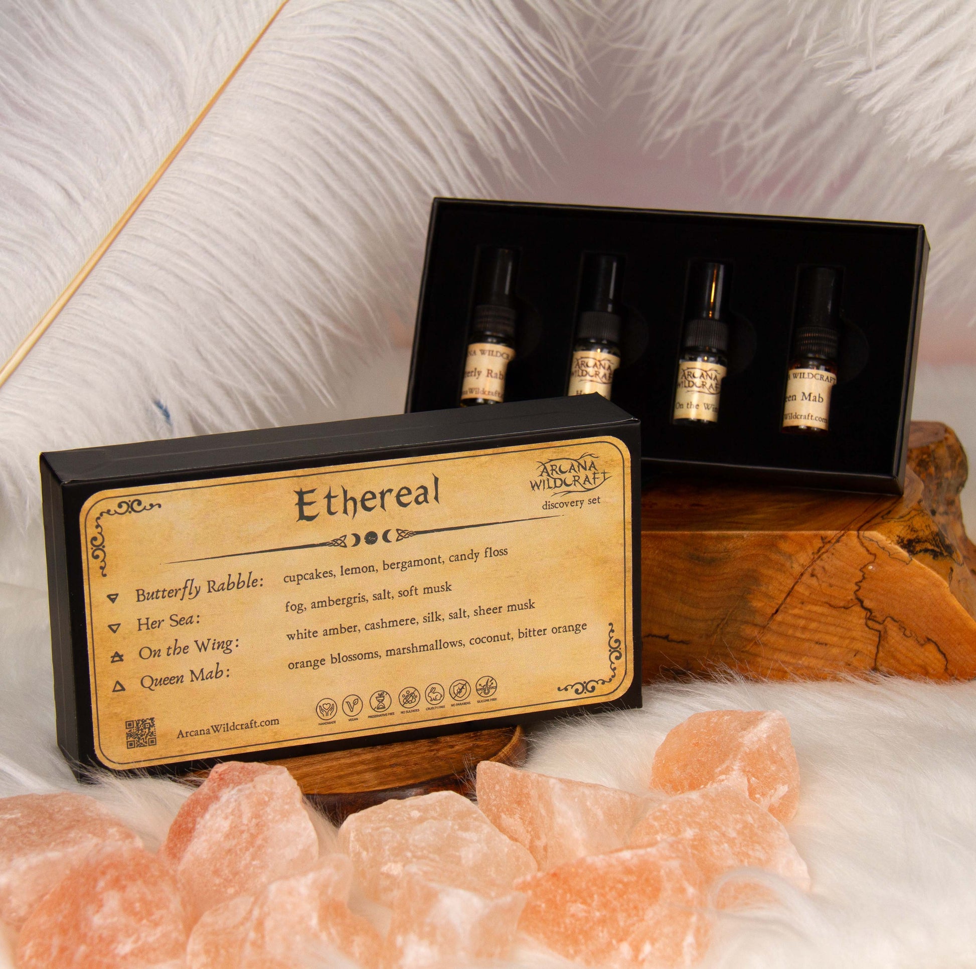 An ethereal discovery set by arcana wildcraft containing 2 ml atomizers of butterfly rabble, her sea, on the wing, and queen mab