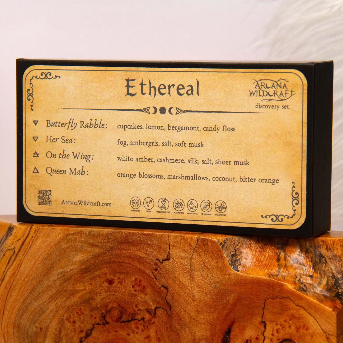 An ethereal discovery set by arcana wildcraft containing 2 ml atomizers of butterfly rabble, her sea, on the wing, and queen mab