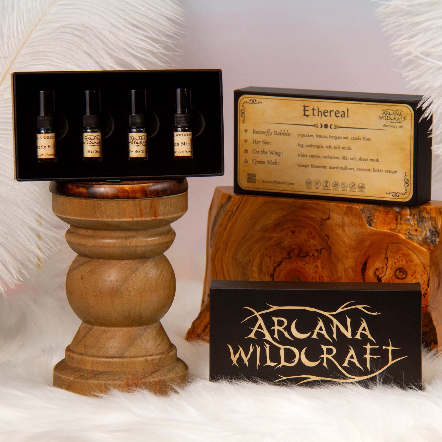 An ethereal discovery set by arcana wildcraft containing 2 ml atomizers of butterfly rabble, her sea, on the wing, and queen mab